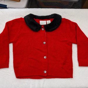 Girls Christmas Red Sweater w/Faux Black Fur Collar Buttons in Front- 24 Month